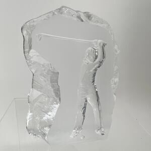 Vintage Nybro Sweden Crystal Art Glass Block Sculpture Golfer Paperweight 6-¼"